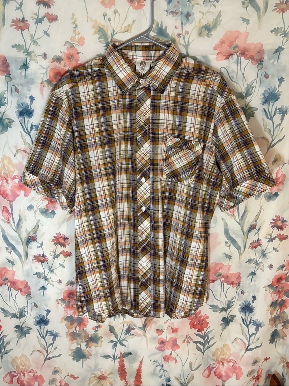 Vintage Short-Sleeve Plaid Button-Down Shirt in Yellow, Brown & White